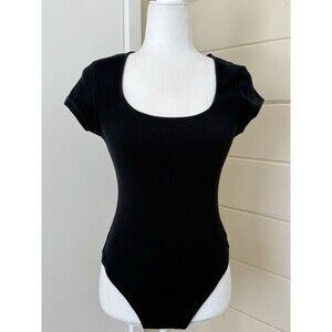 American Eagle Ribbed Scoop Neck Bodysuit Black Thong Short Sleeve Women's L